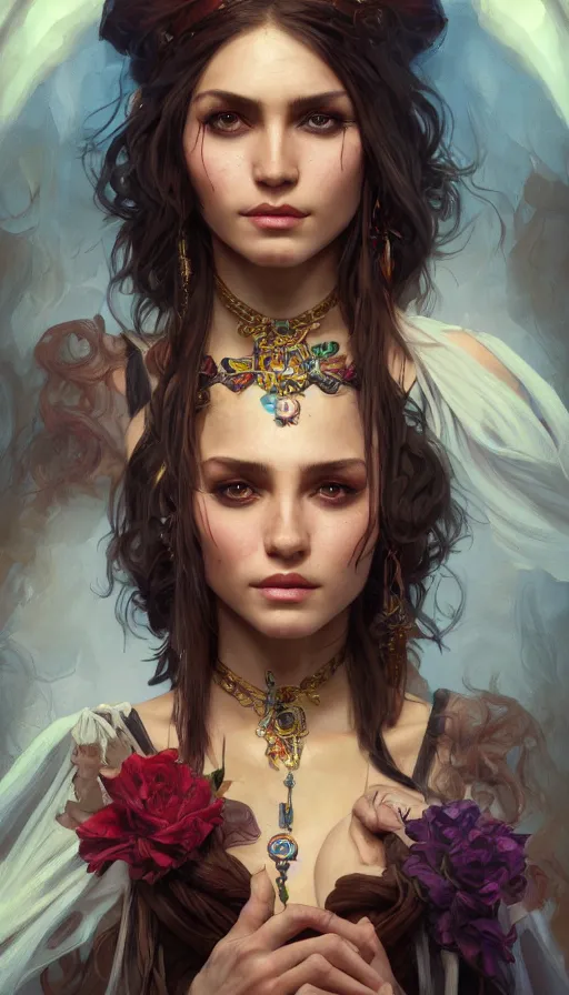 Prompt: fortune teller, passionate , seductive, sweaty, gypsy, insane, intricate, highly detailed, digital painting, artstation, concept art, smooth, sharp focus, illustration, Unreal Engine 5, 8K, art by artgerm and greg rutkowski and alphonse mucha