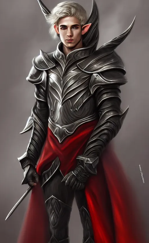 Image similar to A medium shot portrait of a male elf, he is about 20 years old, attractive, lean but muscular, serious composure, short silver hair, prideful look, he is wearing black heavy armor with gold plating and a red cape, highly detailed portrait, digital painting, ArtStation, concept art, smooth, sharp focus illustration, ArtStation HQ