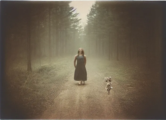 Image similar to medium shot, a young woman towards the camera, a demon is chasing her, woods, polaroid photo, vintage, neutral colors, by gregory crewdson