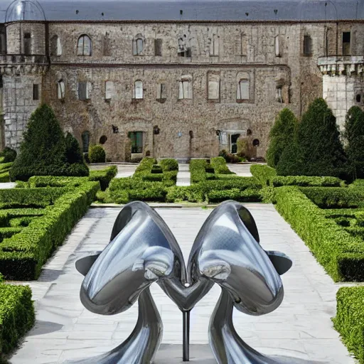 Image similar to giant Italian modern castle formal garden with a modern stainless steel organic shaped modern sculptures with mirror finish by Tony Cragg, photo by Annie Leibovitz