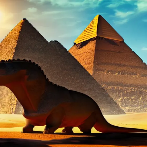 Image similar to ancient egyptian landscape with a giant stegasaurus guarding the pyramids, high quality digital art, cinematic sky, unreal engine