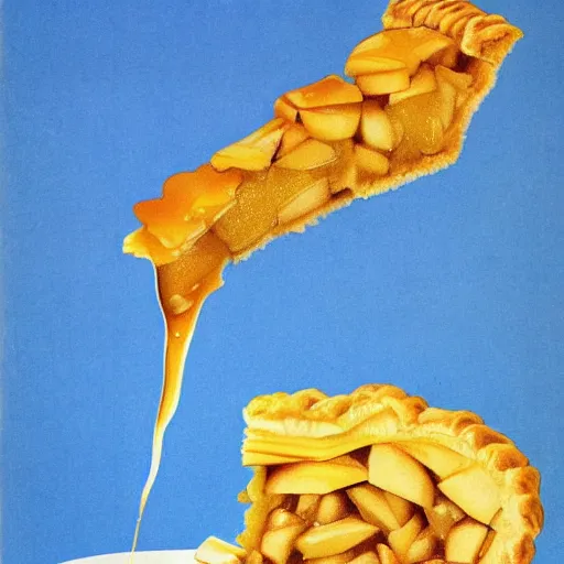 Prompt: 1 thick slice of apple pie floating on a blue background, chesley bonestell, vincent di fate, golden crust, large slice, dripping syrup