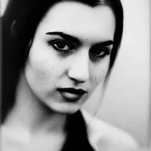 Image similar to old film photo of an atractive cool alternative bosnian woman in her early 20s. beautiful face. She has dark brown hair, dark thick eyebrows, brown eyes and shoulder long hair.