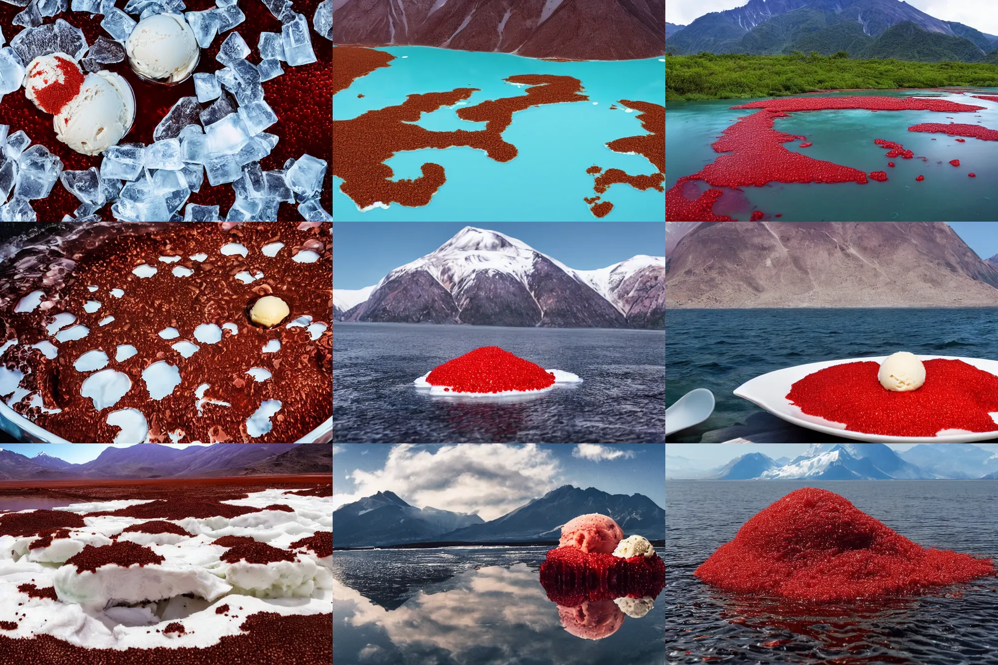 Image similar to a large island of red caviar and ice cream and brown water in the center of which there are mountains with ice cream