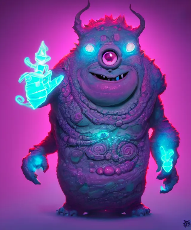 Image similar to a xanathar made of bioluminescence in the art style of monsters inc, fantasy, elegant, crisp 8 k line art, digital painting, artstation, unreal engine, octane render, emissive lighting, concept art, matte, sharp focus, hyper realistic lighting, illustration, deep royal blue and pink color scheme, art by dave kendall