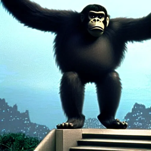 Image similar to mr. bean as king kong. movie still. cinematic lighting.