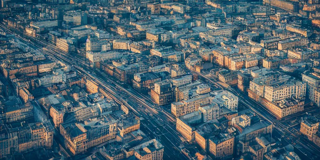 Prompt: cinematic street shot of a flying city, phalanster, saint petersburg city, telephoto, anamorphic cinematography, beautiful composition, color theory, leading lines, photorealistic, moody volumetric lighting
