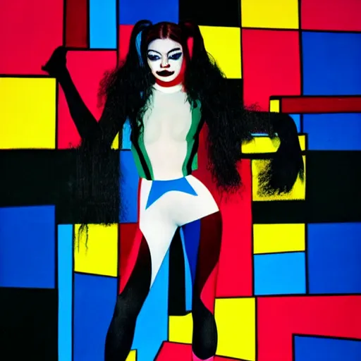 Image similar to lorde as harley quinn, dressed up in piet mondrian inspired bodysuit, official portrait, photo realistic, 4 k