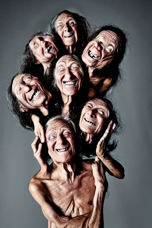 Prompt: a old laughing old man with 3 heads and 6 eyes, long hair, hanging upsidedown by annie leibovitz