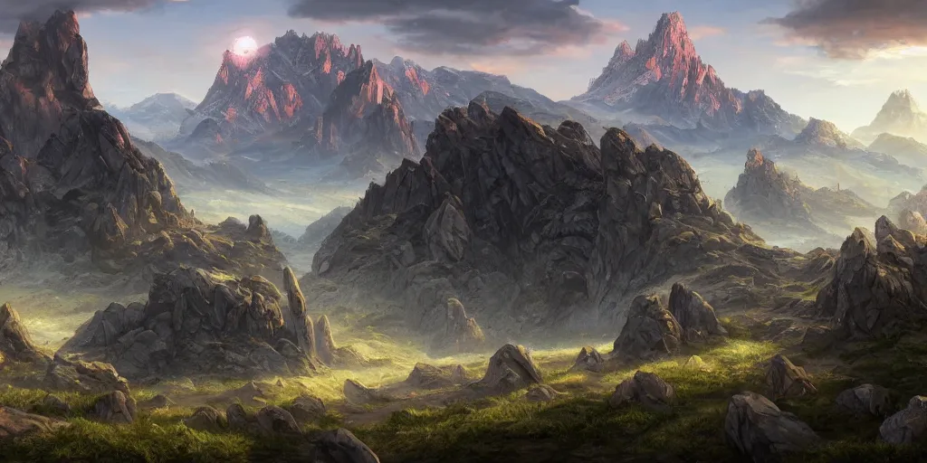 Image similar to The Sci-Fi stone landscape with mountains in the background wallpaper, d&d art, fantasy, painted, 4k, high detail, sharp focus