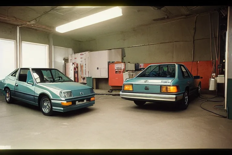 Prompt: 1985 Honda Civic, inside of an unlit 1970s auto repair garage, ektachrome photograph, volumetric lighting, f8 aperture, cinematic Eastman 5384 film