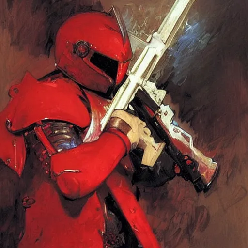 Prompt: knight in red and black armor wielding a gun!!! painting, henry asencio, craig mullins, alphonse mucha, greg ruthowski