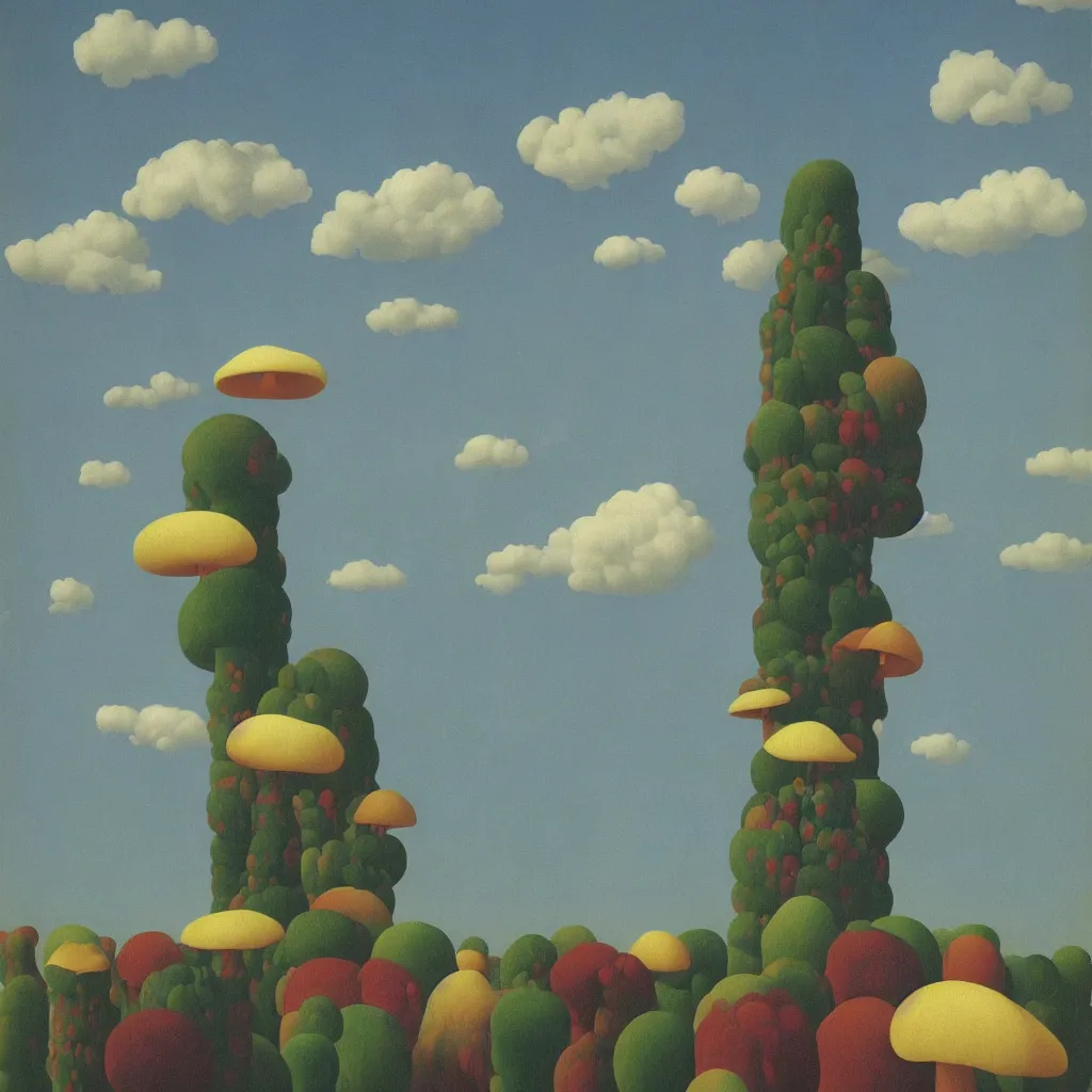 Prompt: a single! colorful!! fungus tower clear empty sky, a high contrast!! ultradetailed photorealistic painting by rene magritte, hard lighting, masterpiece