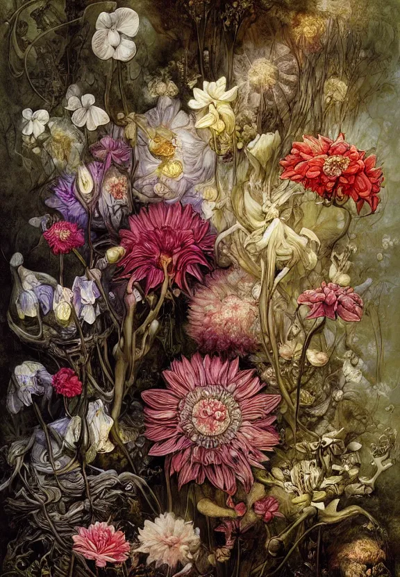 Image similar to simplicity, elegant, flower, flowers fractal, orchids, dahlias, flowers, mandalas, white bones, by h. r. giger and esao andrews and maria sibylla merian eugene delacroix, gustave dore, thomas moran, pop art, chiaroscuro, biopunk, art nouveau