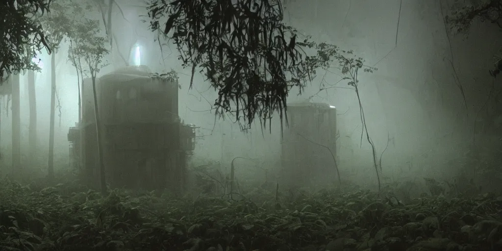 Prompt: film still of a dark spooky scientific research outpost with complicated machinery in a moist foggy jungle, science fiction, ridley scott, lights through fog, futuristic outpost building, wet lush jungle landscape, dark sci - fi, 1 9 8 0 s, beige and dark atmosphere, ridley scott