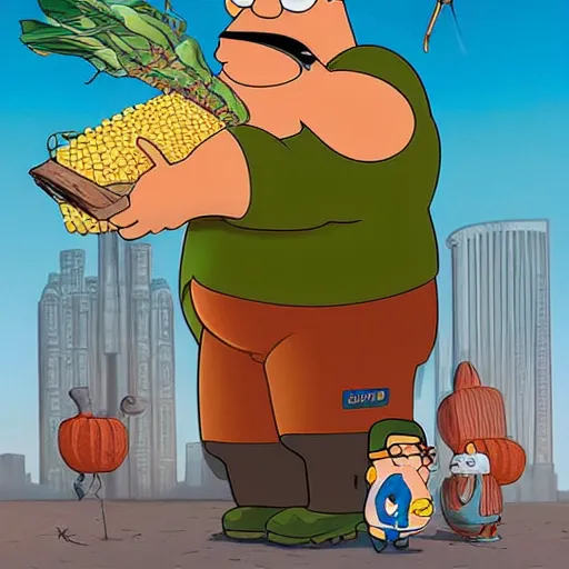 Image similar to Lofi peter griffen from family guy with corn, Pixar style, Tristan Eaton, Stanley Artgerm, Tom Bagshaw