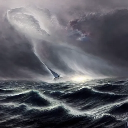 Prompt: a ship sailing through a storm, artstation hall of fame gallery, editors choice, #1 digital painting of all time, most beautiful image ever created, emotionally evocative, greatest art ever made, lifetime achievement magnum opus masterpiece, the most amazing breathtaking image with the deepest message ever painted, a thing of beauty beyond imagination or words