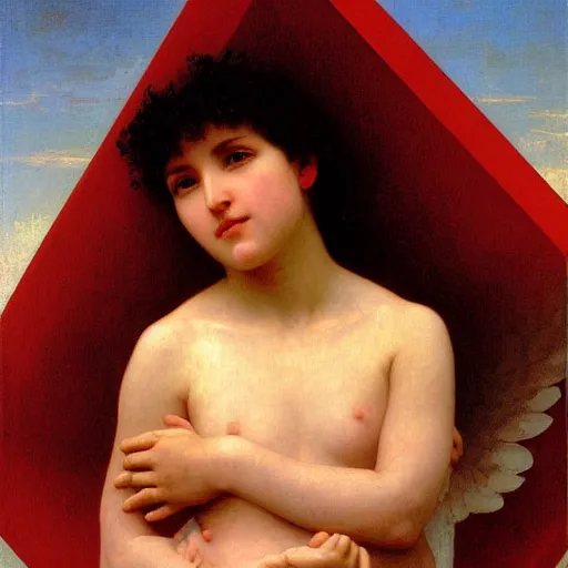 Image similar to Angel crying on top of a red ocean cube, oil painting by William-Adolphe Bouguereau