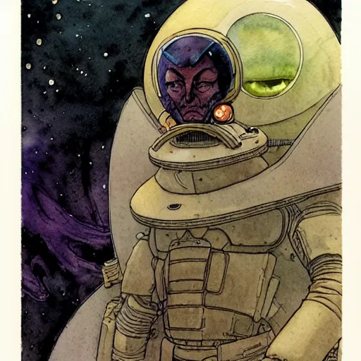 Prompt: a simple and atmospheric watercolour portrait of a pulp sci - fi alien commander, very muted colors, by rebecca guay, michael kaluta, charles vess and jean moebius giraud