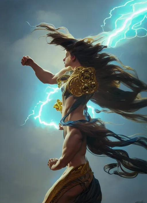 Image similar to an air elemental throwing a lightning bolt, intricate, brutal, highly detailed, digital painting, artstation, concept art, smooth, sharp focus, illustration, art by artgerm and greg rutkowski and alphonse mucha, 8 k