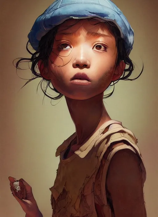 Image similar to prompt : portrait soft light painted by james jean and katsuhiro otomo and erik jones, inspired by akira anime, epic fantasy, a young dark skinned girl with short hair dressed as a boy in plain peasant clothing and a newsboy cap, intricate oil painting, high detail illustration, sharp high detail