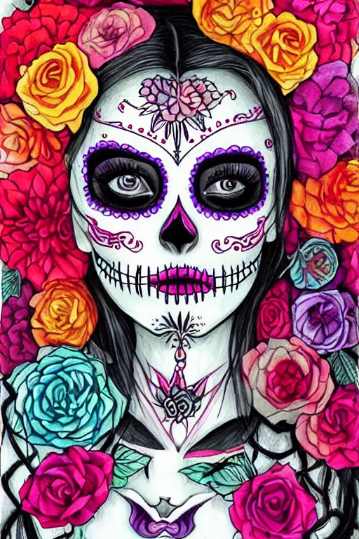 Prompt: Illustration of a sugar skull day of the dead girl, art by Harumi Hironaka