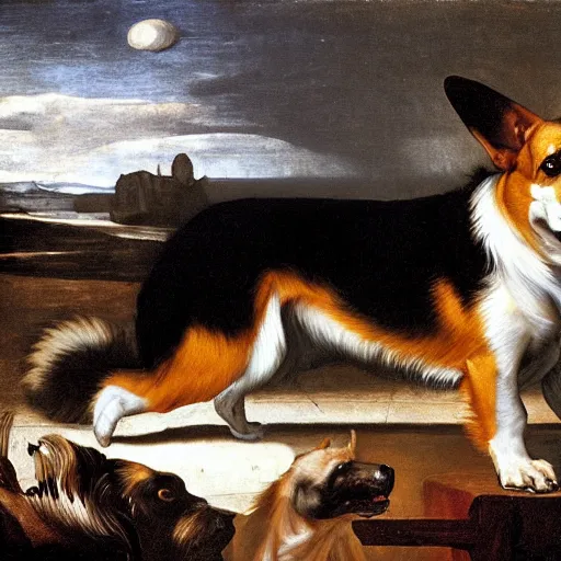 Image similar to A Hellhound corgi, caravaggio