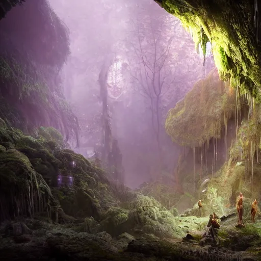 Image similar to photo an overgrown deep underground cave on another world embellished with a lush overgrown jungle of beautiful ancient alien trees, alien elvish cave village, scattered complex ancient monoliths emitting cosmic astral energy, nebula fog and cosmic mist, 4 k rtx hdr volume light concept studio matte painting environment octane, ue 5, photorealistic render trending on artstation by eytan zana