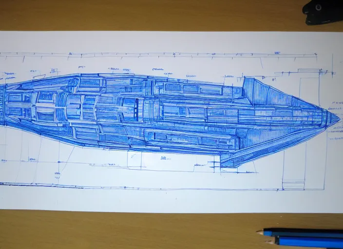 Prompt: a highly detailed blueprint of a giant spaceship, by karanak