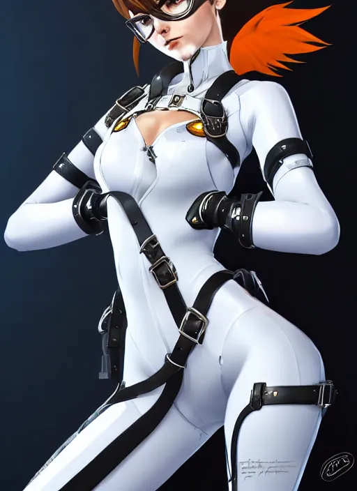 Image similar to portrait digital artwork of tracer overwatch, wearing white latex and leather straps catsuit outfit, in style of mark arian, angel wings, dramatic painting, wearing detailed leather collar, chains, black harness, detailed face and eyes,