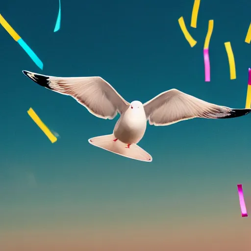 Image similar to a seagull with party streamers for wings, uhd, 8 k