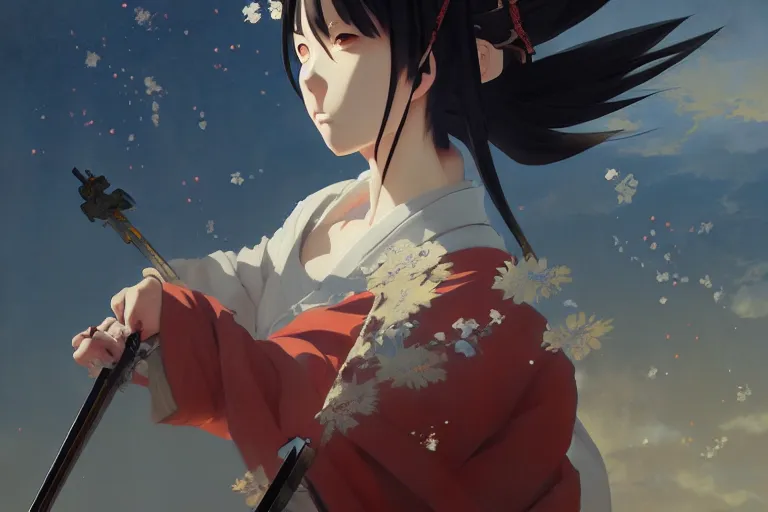 Image similar to baroque oil painting of anime key visual concept art of a samurai girl, very anime, stars vackground, trending on artstation, oil on canvas, style of makoto shinkai greg rutkowski studio ghibli