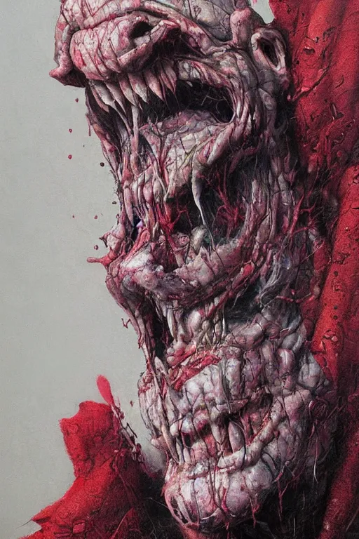 Image similar to Portrait of distorted, laughing, grotesque Joker, chaos god, dc comics, dark, intricate, smooth, artstation, painted by Wayne Barlowe, Greg Rutkowski, Zdislav Beksinski