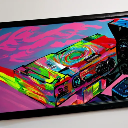 Prompt: a broken videogame console, colorful painting, compelling