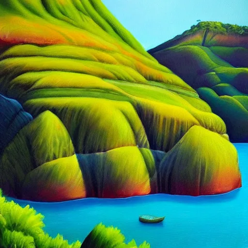 Image similar to painting of a lush natural scene on an alien planet by april gornik. beautiful landscape. colourful weird vegetation. cliffs and water.