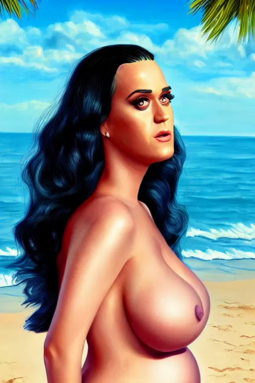 Prompt: pregnant katy perry at the beach, realistic portrait, symmetrical, highly detailed, digital painting, artstation, concept art, smooth, sharp focus, illustration, cinematic lighting, 8 k movie screenshot hdr
