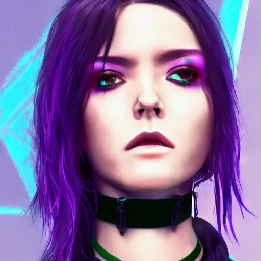 Prompt: headshot artwork of a cyberpunk woman wearing thick steel choker around neck, 4K, detailed face, collar on neck, realistic, artstation, neon purple, purple,