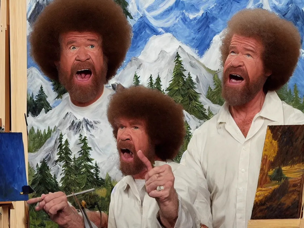 Prompt: bob ross is sad and sngry and yelling at a huge painting by bob ross