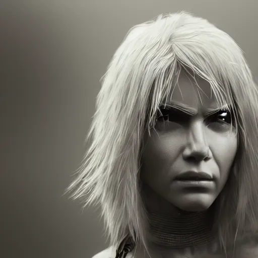 Image similar to legendary blond female warrior, shallow depth of field, moody lighting, 8 k, concept art,