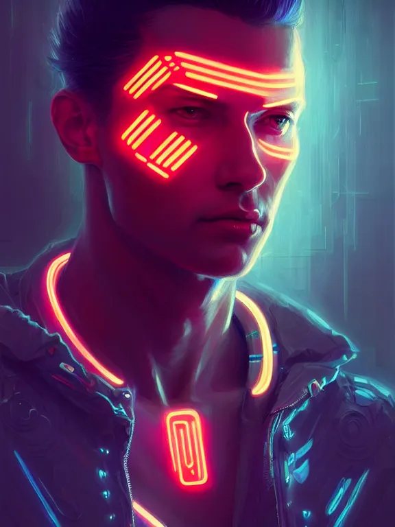 Image similar to portrait of male humanoid, intricate, masculine, cyber neon lights, highly detailed, digital photography, artstation, stylish pose, concept art, smooth, sharp focus, illustration, art by artgerm and greg rutkowski