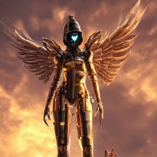 Prompt: tall female cyber angel, cyberpunk armor, flowing robes, ornate gothic interior, realistic, golden light