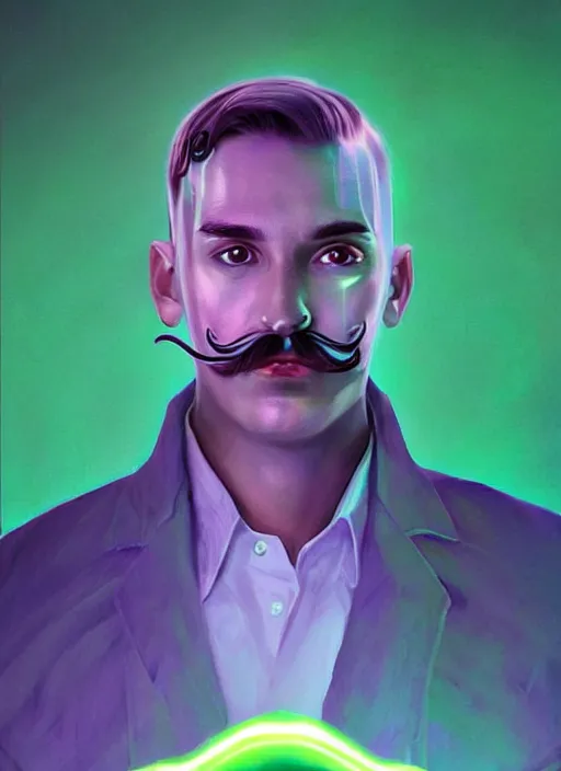 Image similar to symmetry!! a portrait young tech mage with a salvador dali moustache and a soul patch by artgerm and greg rutkowski, purple and green colors, neon light, volumetric lighting, mystical vibe, magical, very detailed, intricate, 4 k