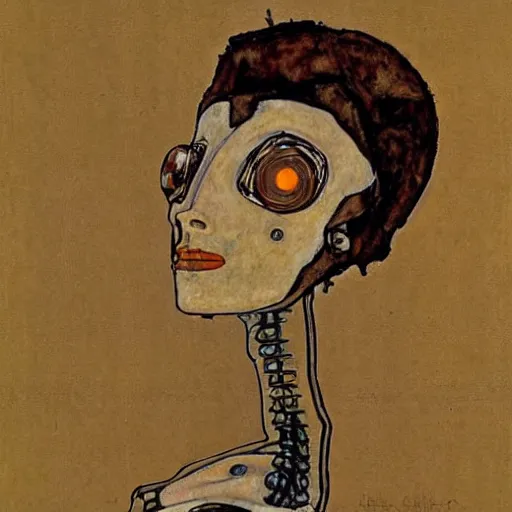 Image similar to portrait of a robot by egon schiele in the style of frank frazetta