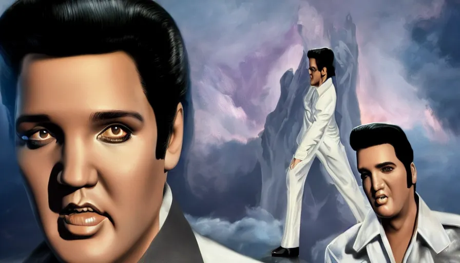 Image similar to Elvis Presley in Heaven, hyperdetailed, artstation, cgsociety, 8k