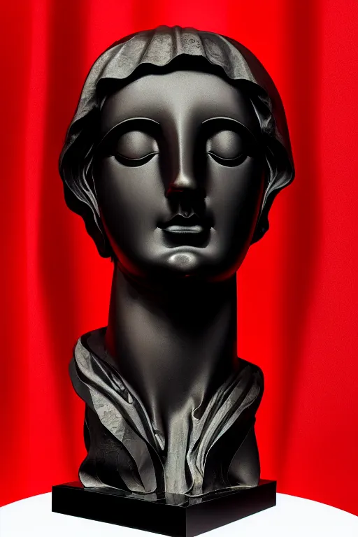 Prompt: polished black marble athena statue hiding his face under a red silkveil, sculpted by hedi xandt and bernini, epic and cinematic view, volummetric light, texturized, detailed, 8 k