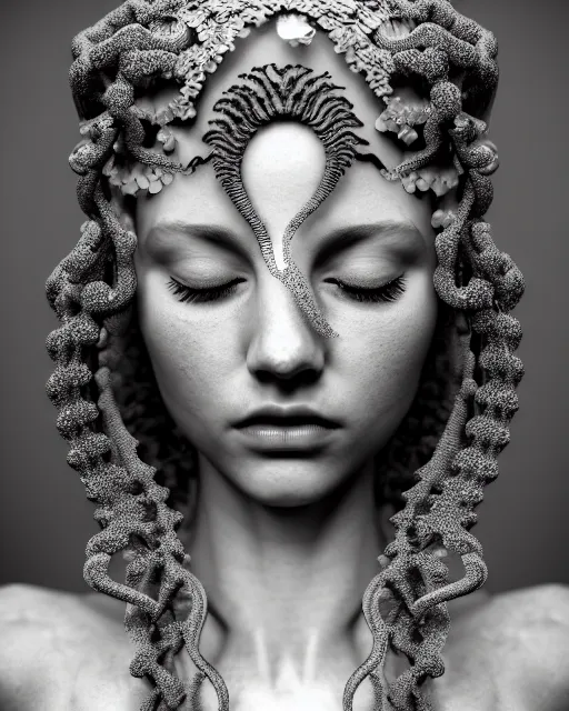 Image similar to surreal mythical dreamy artistic black and white fine art photo of a beautiful young female queen - medusa - cyborg covered with lace fish scales and translucent algae, highly detailed, intricate crystal ivy lace jelly fish scales ornate, poetic, octane render, 8 k, photo - realistic