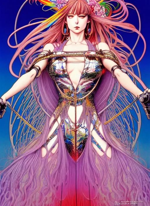 Image similar to highly detailed hajime sorayama terada katsuya artstation manga poster of witch mechine, rainbow gradient reflection bloom, long hair, armor, dress, laces, ruffles, 8 k, maximalist, ayami kojima, alphonse mucha