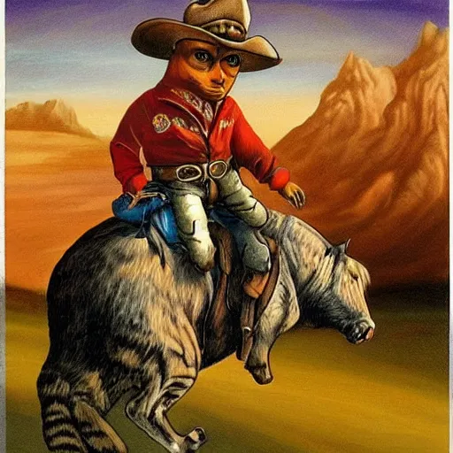 Image similar to a cowboy riding a giant cat, color, surreal