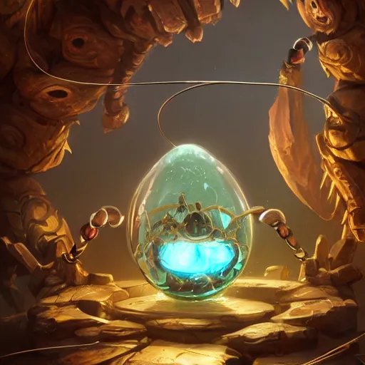 Prompt: medieval tech tech egg made of glass containing a baby creature inside, artificial creature plugged with long wires made of glass, liquids, DNA experiment, bright art masterpiece artstation. 8k, sharp high quality artwork in style of Jose Daniel Cabrera Pena and Greg Rutkowski, golden theme, concept art by Tooth Wu, blizzard warcraft artwork, hearthstone card game artwork