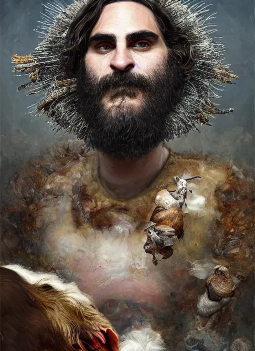 Image similar to a hyper detailed painting of joaquin phoenix surrounded by animals, cow horns, pig nose, sheep wool, chicken feather armor, horror, by anna podedworna, by miklos ligeti, by diego maricato, by taran fiddler, by antonino truisi, by chris reddie, by jinsung lim, trending on artstation